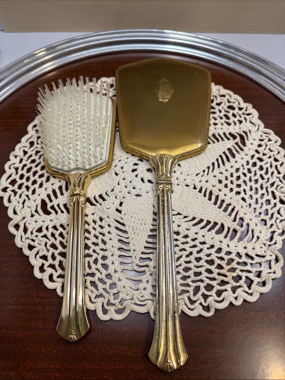 Vintage Mid-Century Gold Hand Mirror & Hair Brush Set Floral Hollywood Regency